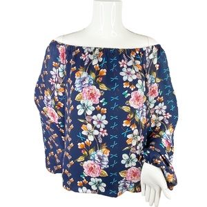 Parker Navy Blue Off Shoulder Floral Top Medium